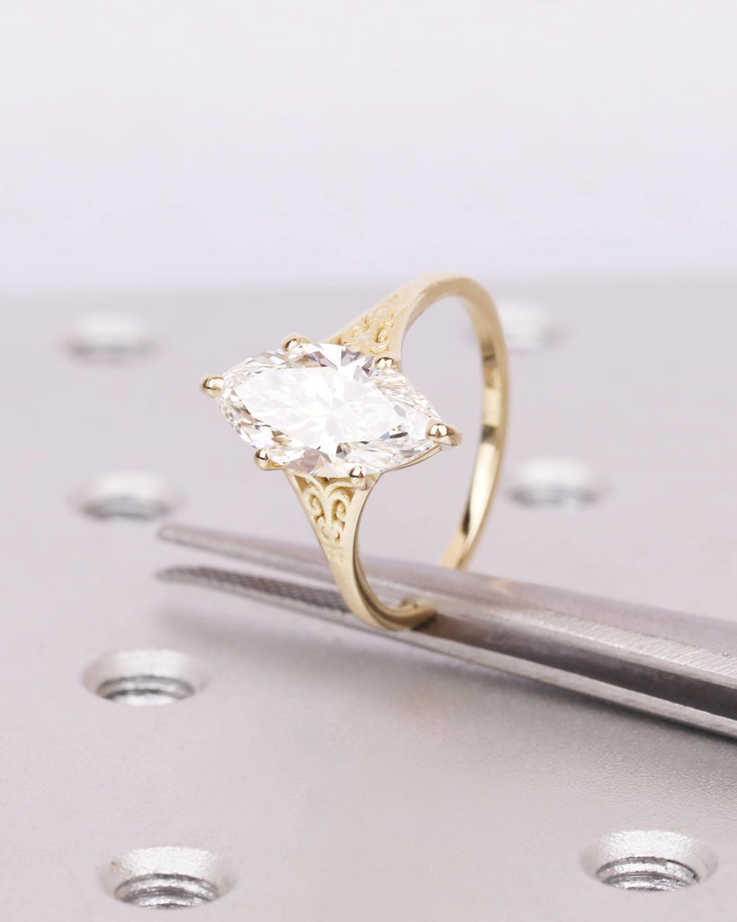 2.5ct Gold Heirloom Marquise Lab Diamond Engagement Ring | Victorian Filigree Band | Antique Proposal Ring | Women's Vintage Engagement Ring