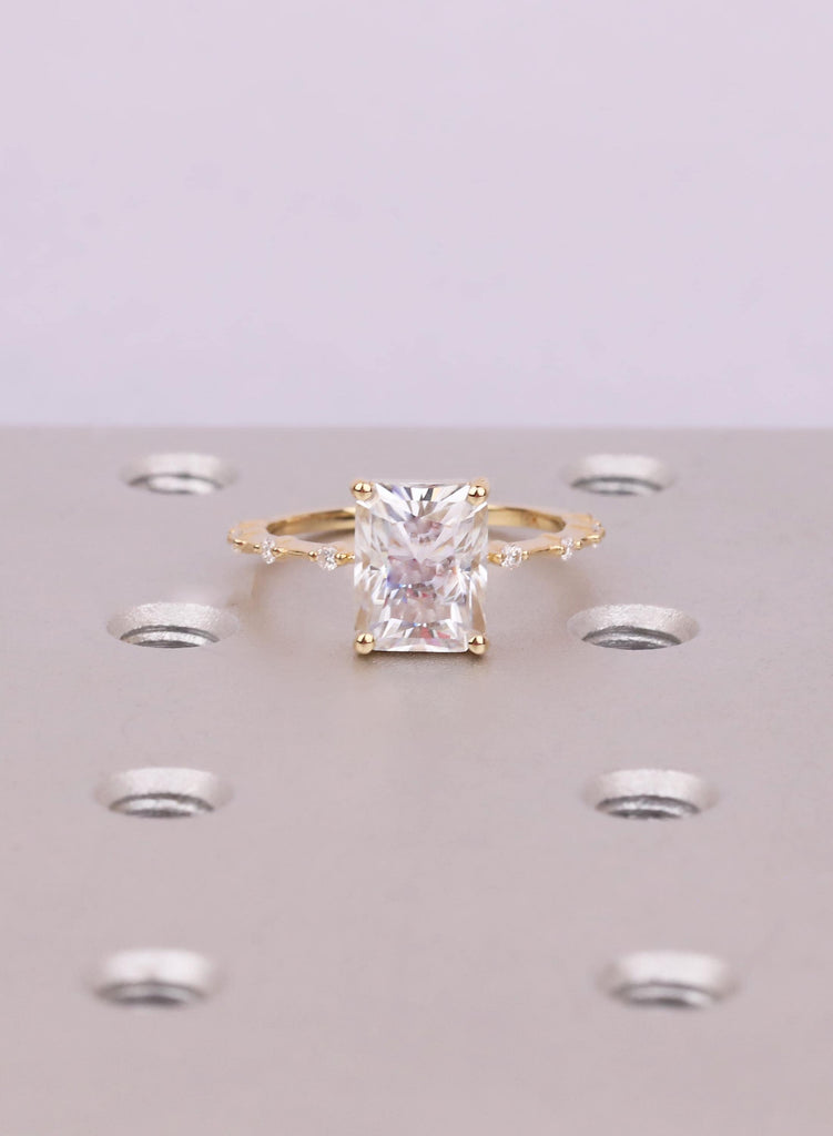 Dainty Lab Grown Radiant Cut Diamond Engagement Ring: 18K Yellow Gold, VVS Clarity, Prong Setting, Diamond Side Stone, Modern Bridal Style image #4