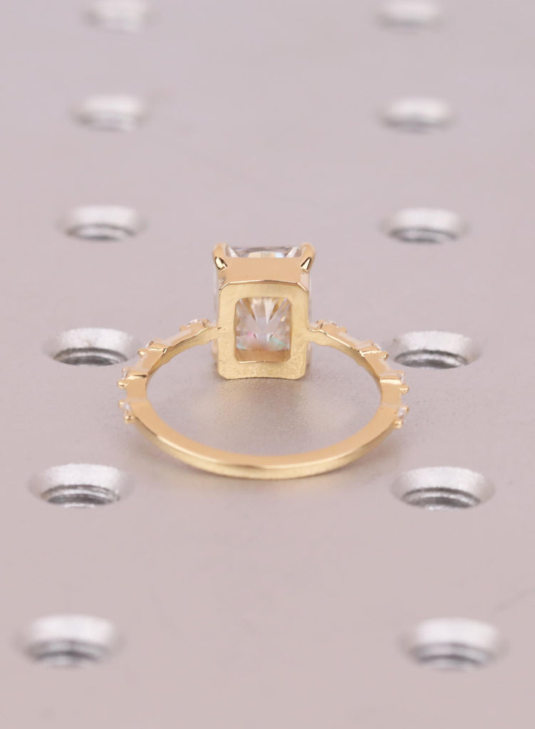 Dainty Lab Grown Radiant Cut Diamond Engagement Ring: 18K Yellow Gold, VVS Clarity, Prong Setting, Diamond Side Stone, Modern Bridal Style image #8