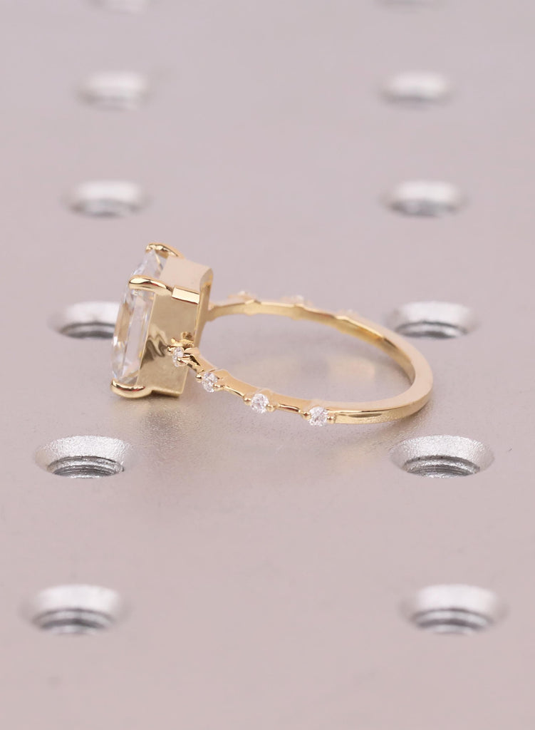 Dainty Lab Grown Radiant Cut Diamond Engagement Ring: 18K Yellow Gold, VVS Clarity, Prong Setting, Diamond Side Stone, Modern Bridal Style image #9