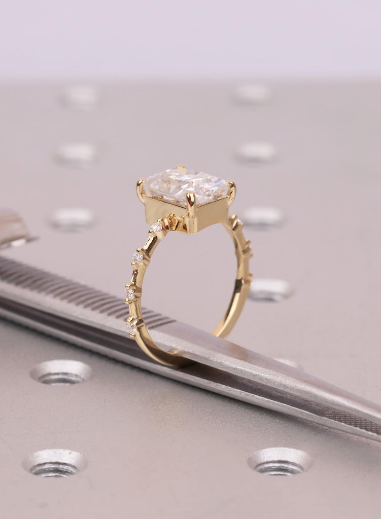 Dainty Lab Grown Radiant Cut Diamond Engagement Ring: 18K Yellow Gold, VVS Clarity, Prong Setting, Diamond Side Stone, Modern Bridal Style image #14