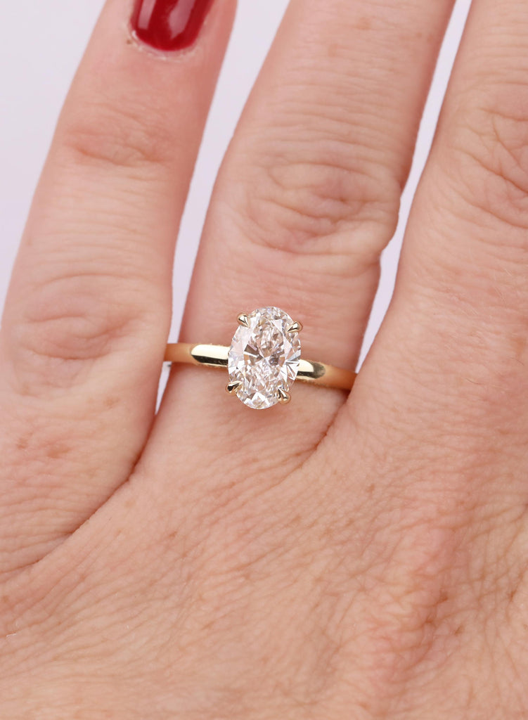 Unique Engagement Ring, Oval Cut Moissanite, Hidden Halo, Pave Diamond Band, 14K Yellow Gold, Minimalist Custom Wedding Ring, Gift for Her