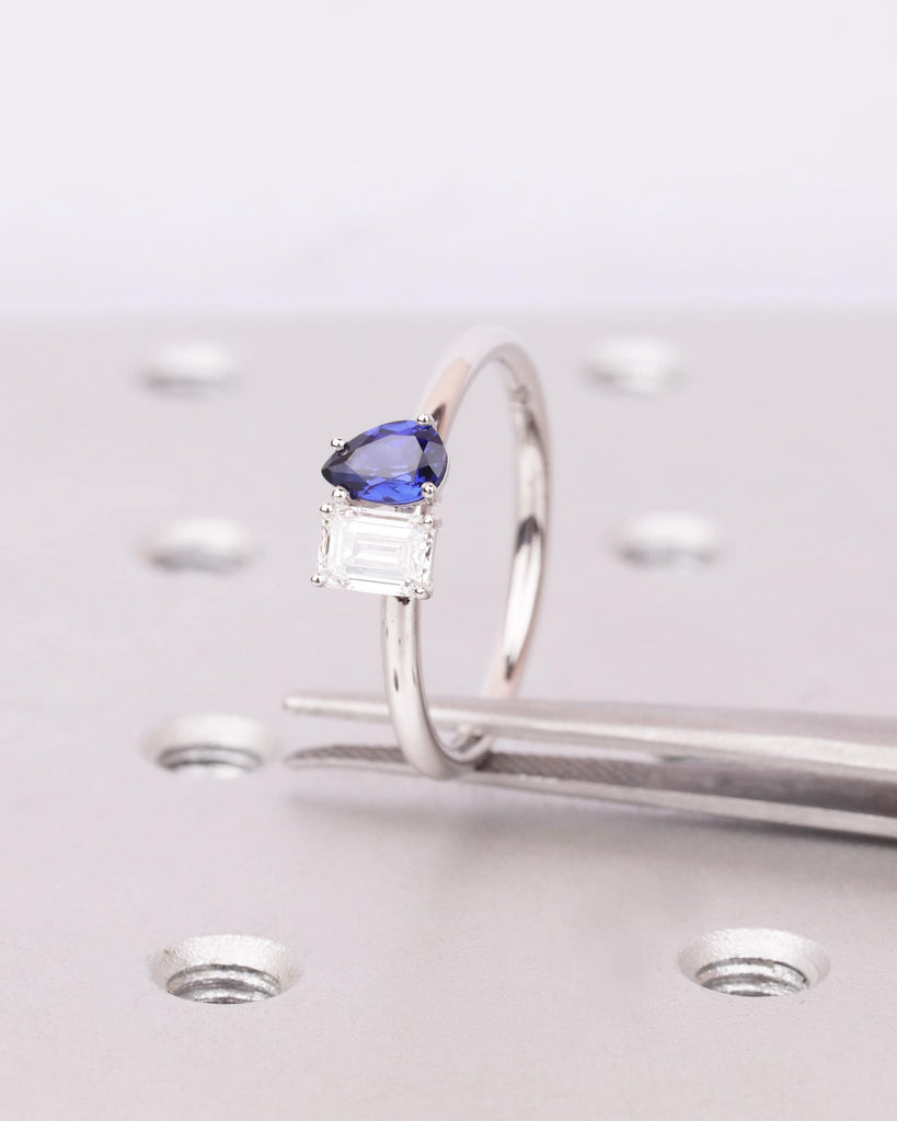 14K Gold Toi et Moi Engagement Ring, Emerald cut Moissanite and Pear shaped Blue Sapphire Two Stone Ring, You & Me Ring, Dainty Promise Ring image #1