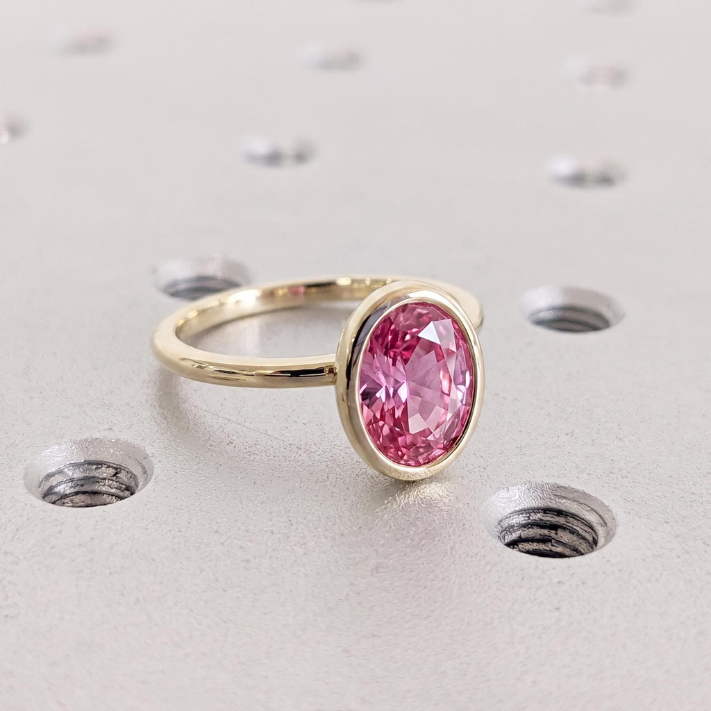 Pink Sapphire Solitaire Engagement Ring | 14k Yellow Gold Oval cut Lab Sapphire Ring | Minimalist Wedding Anniversary Ring For Women