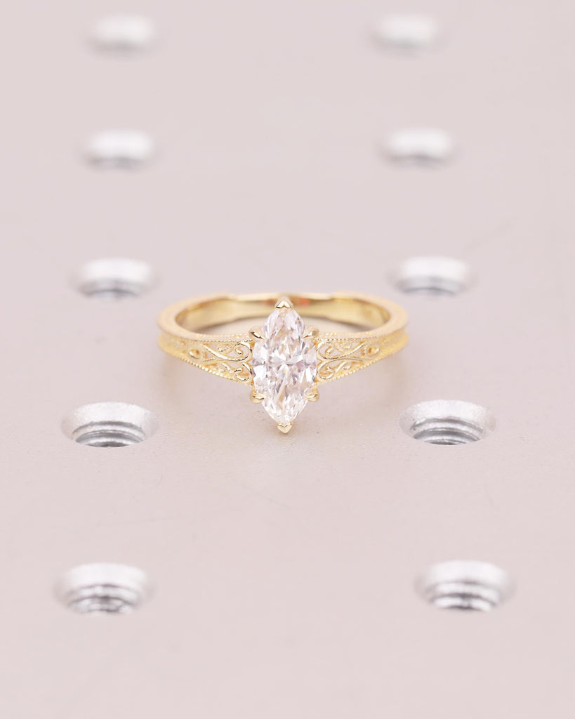 Lab Grown Diamond Marquise Ring, Heirloom Engagement Ring, Antique Yellow Gold Wedding Anniversary Rings, Unique Milgrain Handmade Jewelry image #8