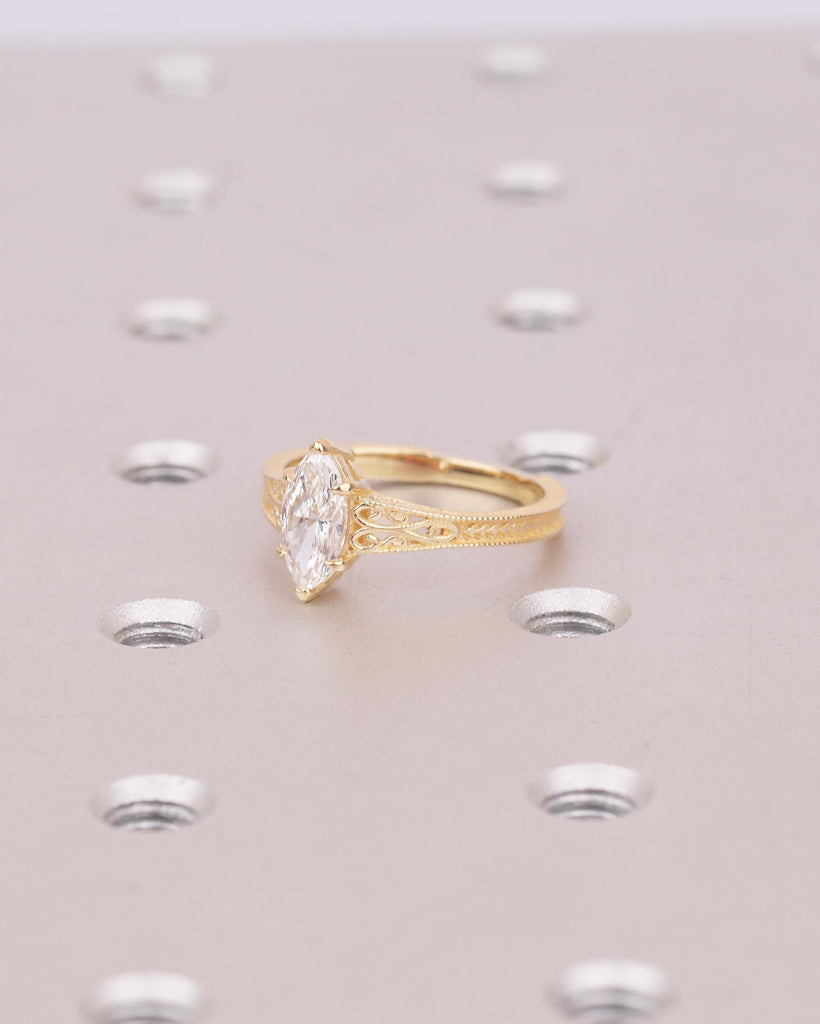 Lab Grown Diamond Marquise Ring, Heirloom Engagement Ring, Antique Yellow Gold Wedding Anniversary Rings, Unique Milgrain Handmade Jewelry image #3