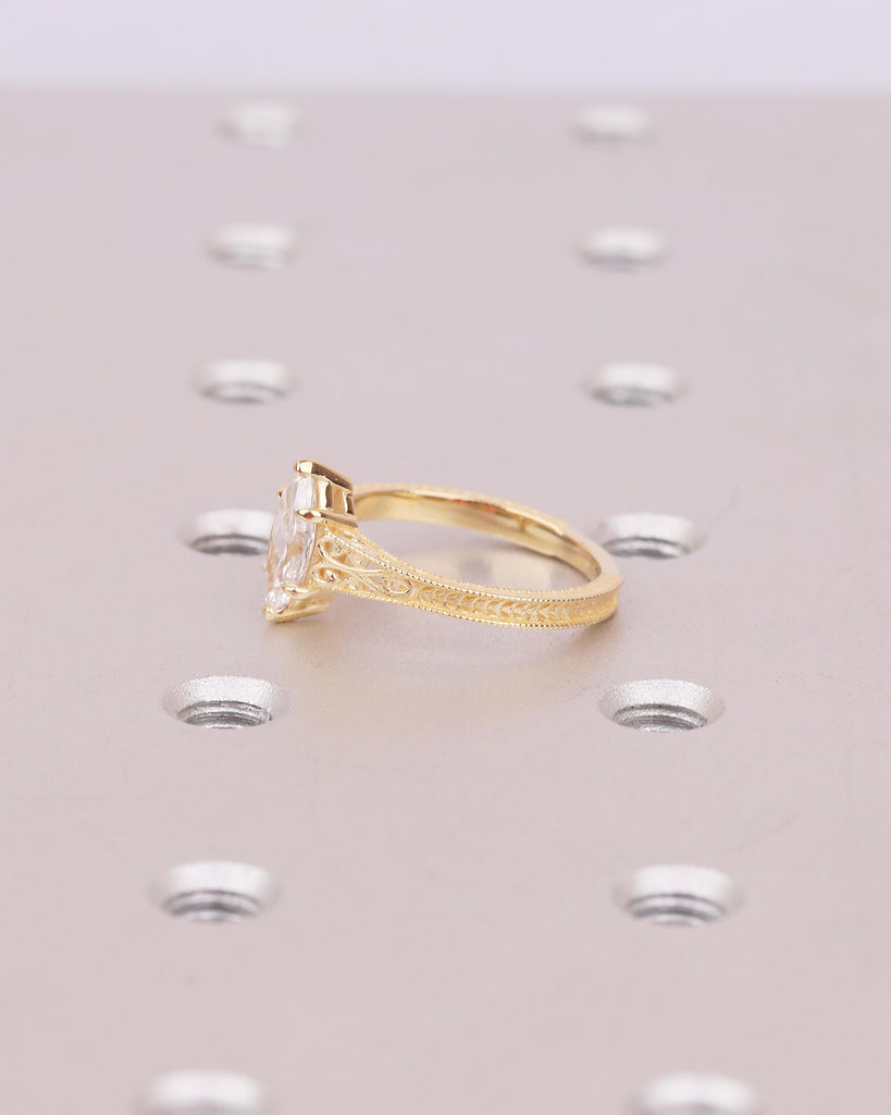 Lab Grown Diamond Marquise Ring, Heirloom Engagement Ring, Antique Yellow Gold Wedding Anniversary Rings, Unique Milgrain Handmade Jewelry image #15