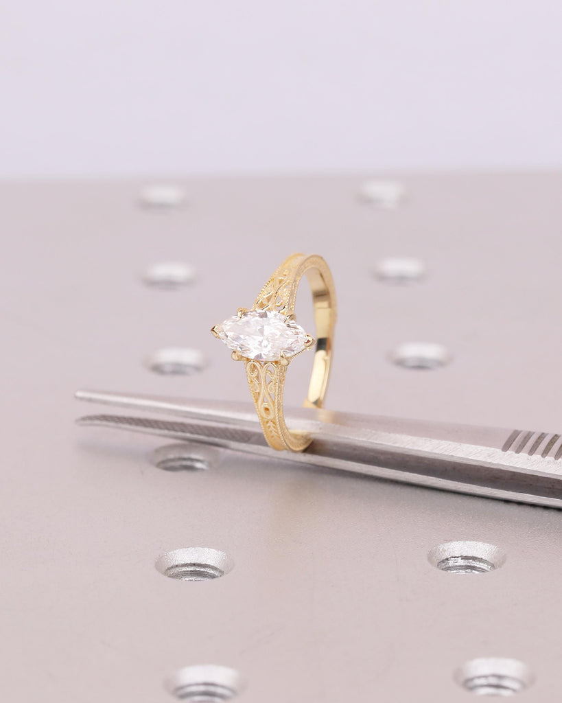 Lab Grown Diamond Marquise Ring, Heirloom Engagement Ring, Antique Yellow Gold Wedding Anniversary Rings, Unique Milgrain Handmade Jewelry image #11