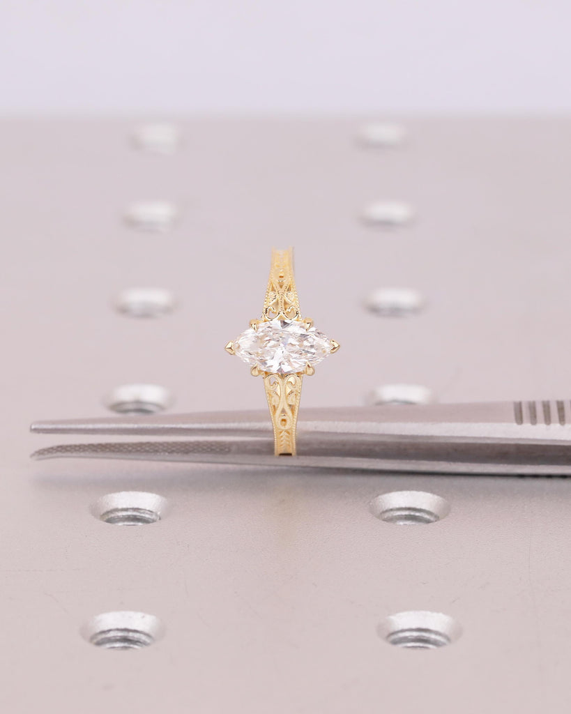 Vintage Moissanite Engagement Ring, 18k Yellow Gold Filigree Ring, Antique Style Marquise Ring, Promise Rings for Women, Heirloom Jewelry image #16