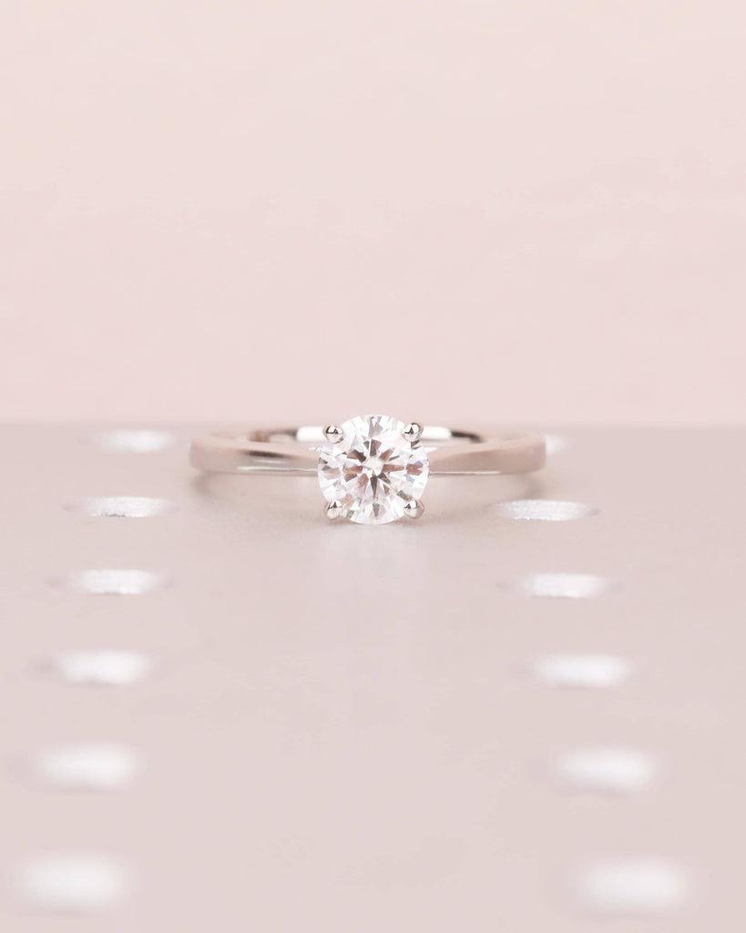Round Cut Moissanite Engagement Ring, Solitaire Cathedral Ring in 14k White Gold, 4 Prong Set Ring, Squared Band, Simple Engagement Ring image #8