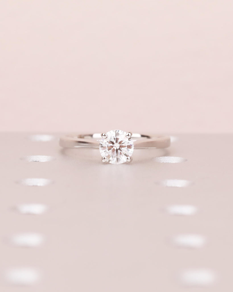 14K White Gold Moissanite Engagement Ring, Classic Round Solitaire Ring, 4-Prong Cathedral Setting Squared Band, Simple Ring, Bridal Jewelry
