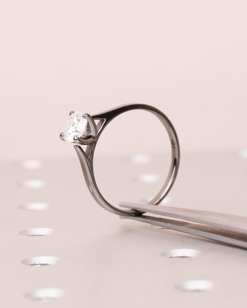 Round Cut Moissanite Engagement Ring, Solitaire Cathedral Ring in 14k Black Gold, 4 Prong Set Ring, Squared Band, Simple Engagement Ring image #3
