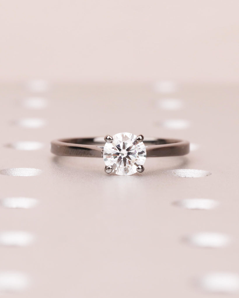 Round Cut Moissanite Engagement Ring, Solitaire Cathedral Ring in 14k Black Gold, 4 Prong Set Ring, Squared Band, Simple Engagement Ring image #5