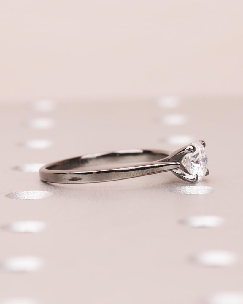 Round Cut Moissanite Engagement Ring, Solitaire Cathedral Ring in 14k Black Gold, 4 Prong Set Ring, Squared Band, Simple Engagement Ring image #6