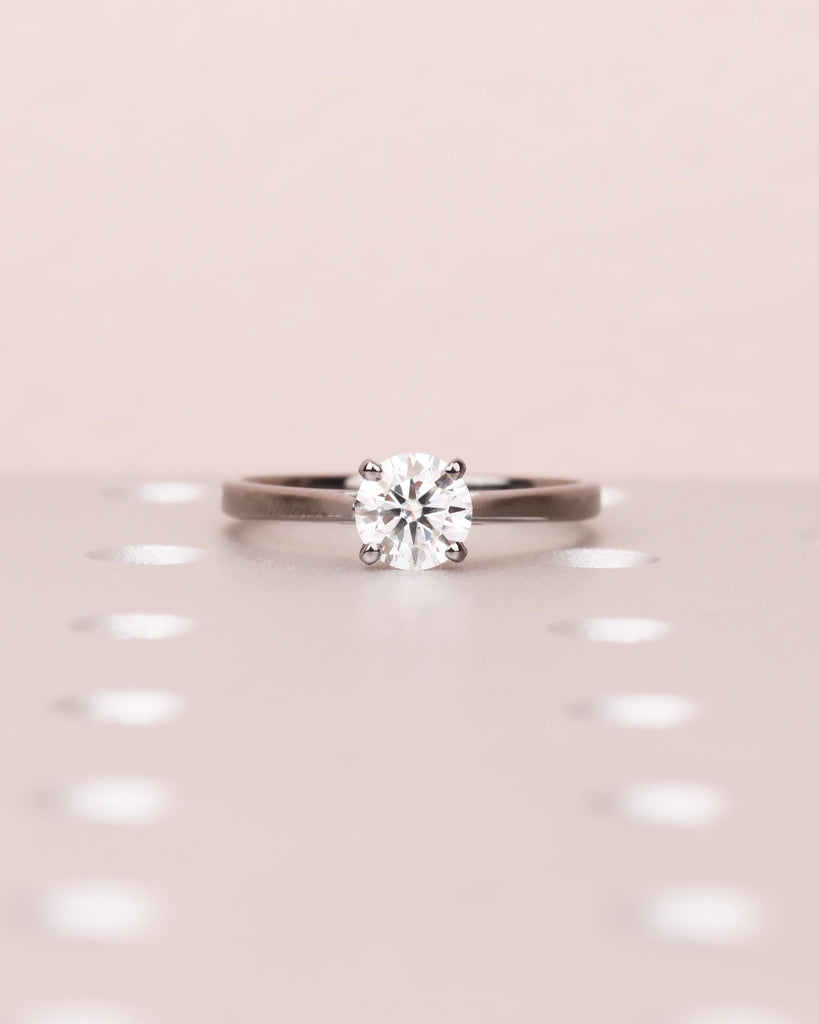 Round Cut Moissanite Engagement Ring, Solitaire Cathedral Ring in 14k Black Gold, 4 Prong Set Ring, Squared Band, Simple Engagement Ring image #9