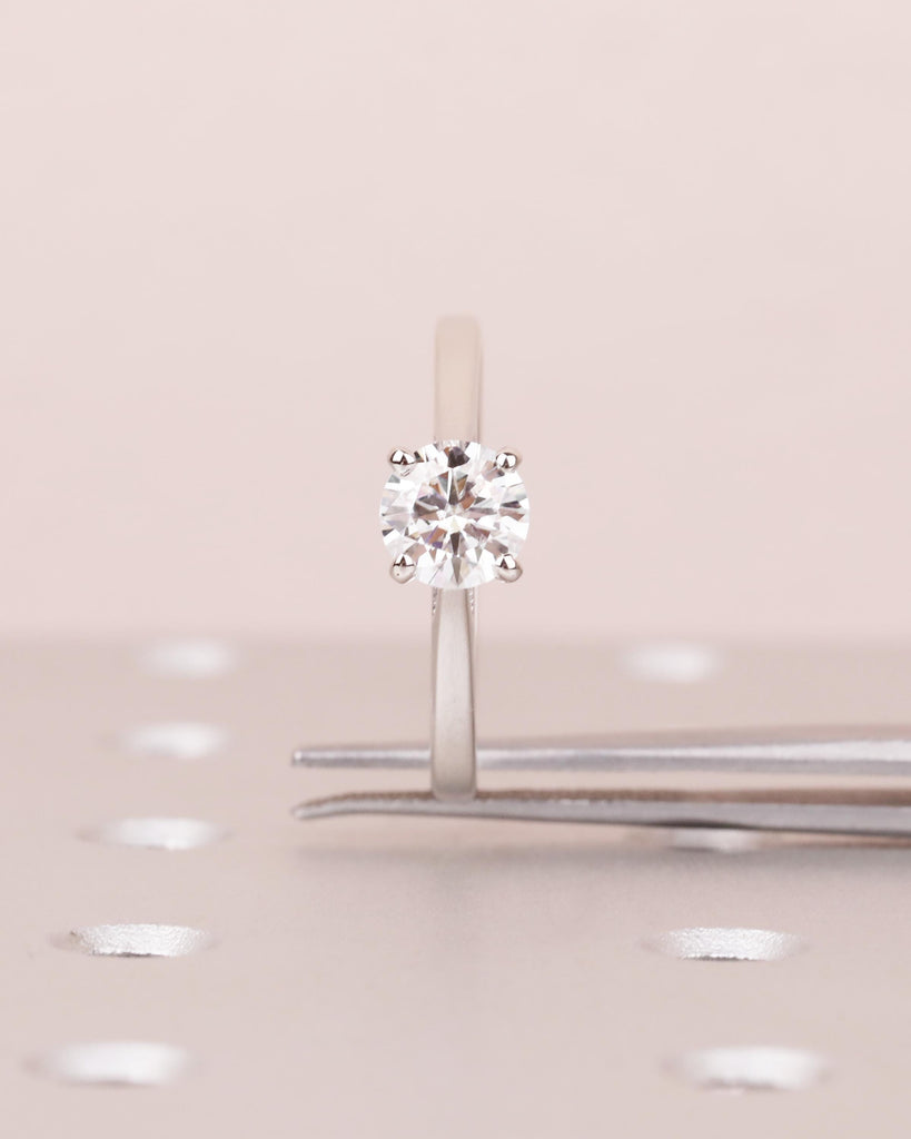 Round Cut Moissanite Engagement Ring, Solitaire Cathedral Ring in 14k White Gold, 4 Prong Set Ring, Squared Band, Simple Engagement Ring image #7