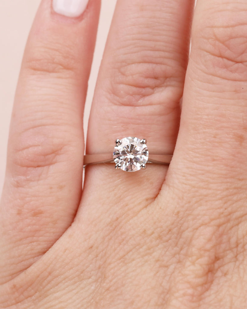 Round Cut Moissanite Engagement Ring, Solitaire Cathedral Ring in 14k White Gold, 4 Prong Set Ring, Squared Band, Simple Engagement Ring image #4