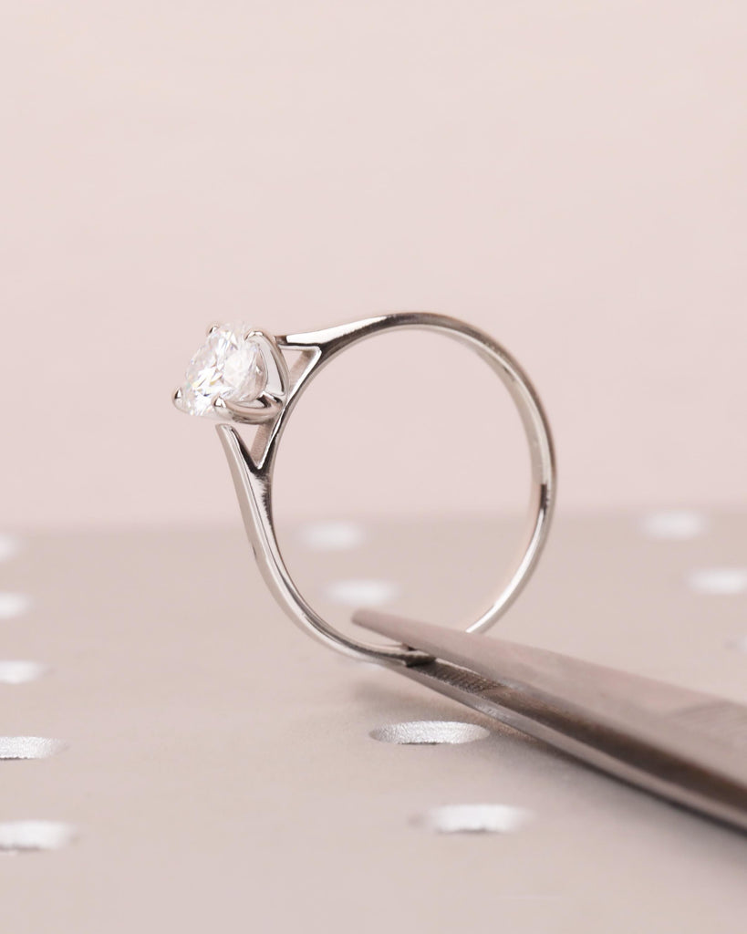 Round Cut Moissanite Engagement Ring, Solitaire Cathedral Ring in 14k White Gold, 4 Prong Set Ring, Squared Band, Simple Engagement Ring image #1