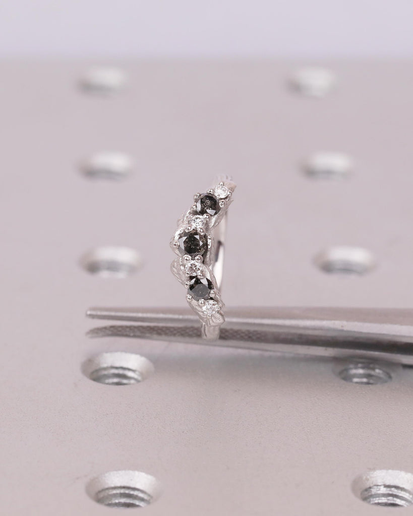 Curved Wedding Band Women, Solid Gold Moissanite, Salt and Pepper Diamond Ring, Nature Jewelry image #9