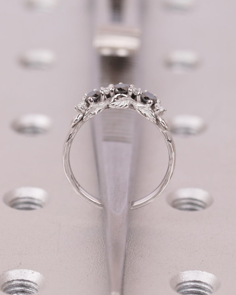 Women's Wedding Band, Vintage Salt and Pepper Diamond Ring, 14k White Gold Nature Inspired Ring, Art Deco Stackable Rings, Handmade Jewelry image #7