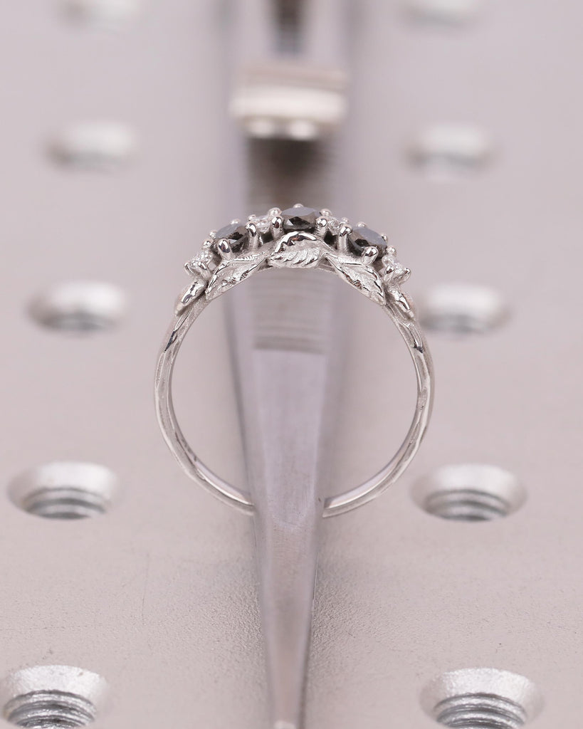 Curved Wedding Band Women, Solid Gold Moissanite, Salt and Pepper Diamond Ring, Nature Jewelry image #7