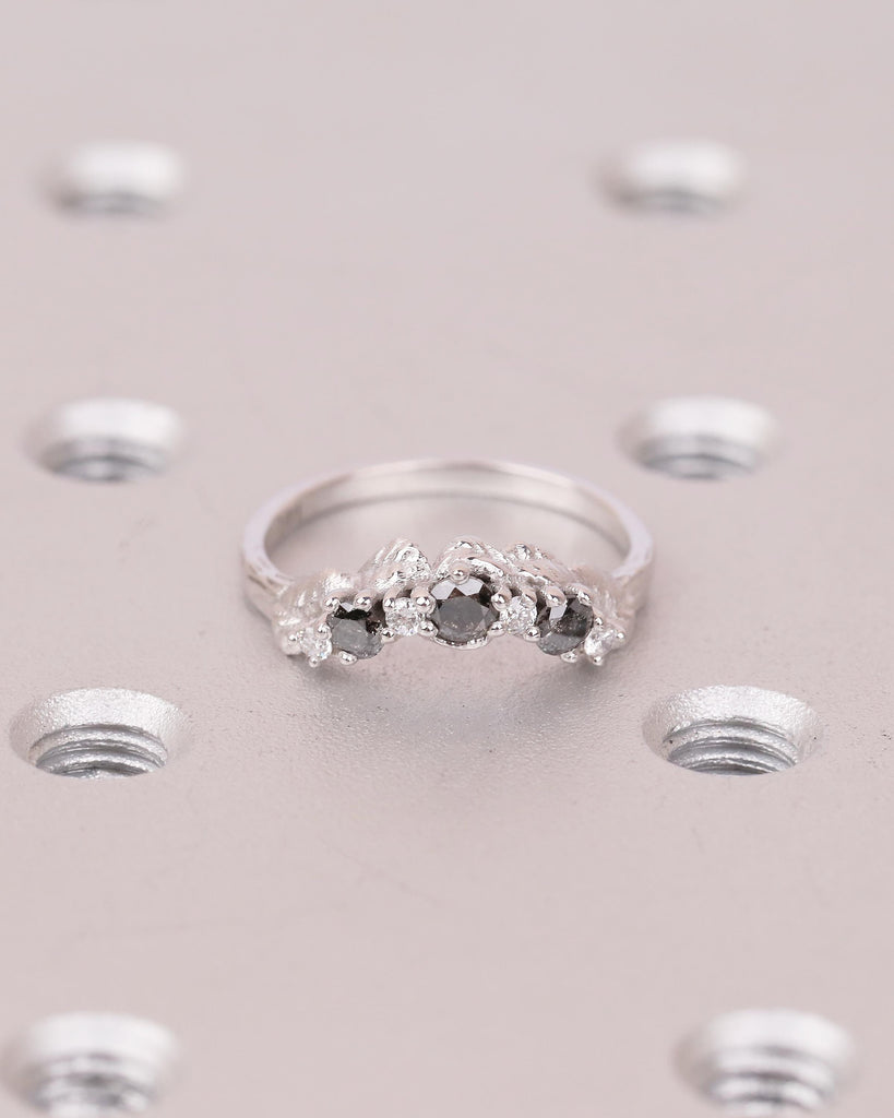 Women's Wedding Band, Vintage Salt and Pepper Diamond Ring, 14k White Gold Nature Inspired Ring, Art Deco Stackable Rings, Handmade Jewelry image #8