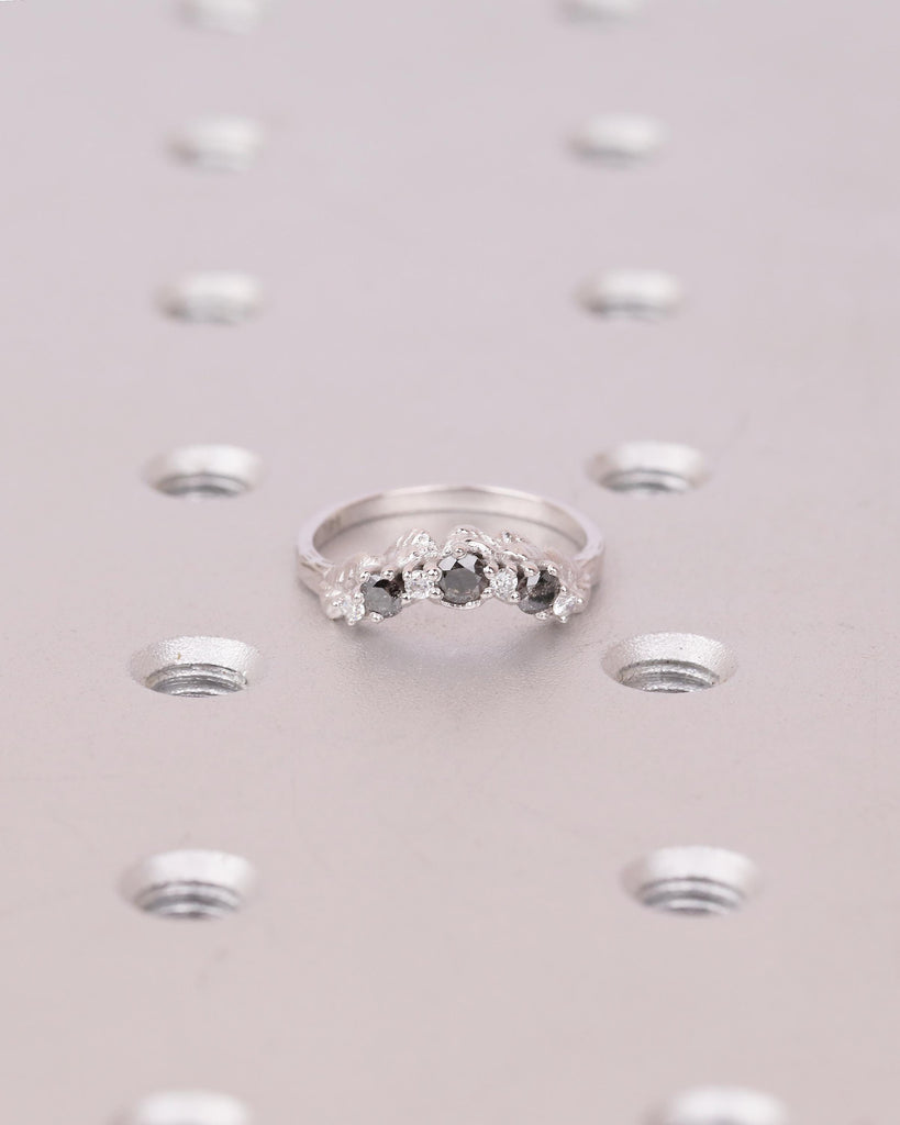 Women's Wedding Band, Vintage Salt and Pepper Diamond Ring, 14k White Gold Nature Inspired Ring, Art Deco Stackable Rings, Handmade Jewelry image #15