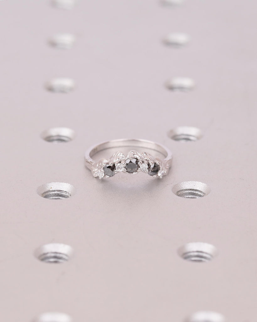 Curved Wedding Band Women, Solid Gold Moissanite, Salt and Pepper Diamond Ring, Nature Jewelry image #15