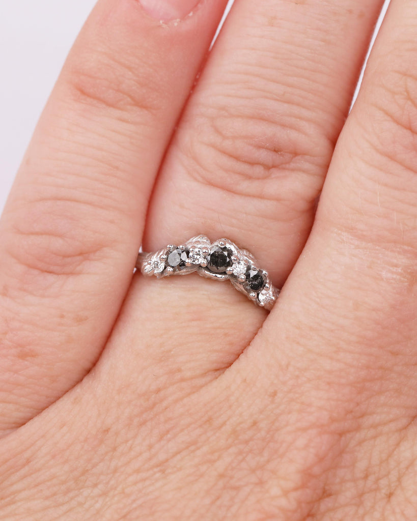 Curved Wedding Band Women, Solid Gold Moissanite, Salt and Pepper Diamond Ring, Nature Jewelry image #20