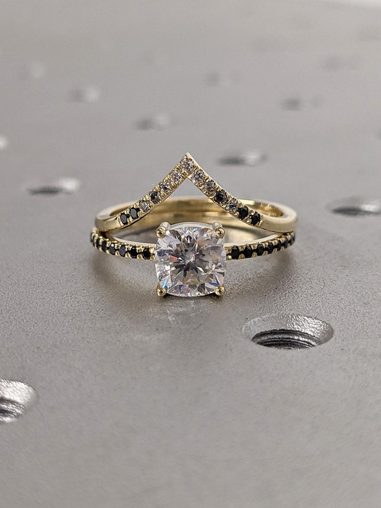 Diamond Engagement and Wedding Ring Set for Women | 14k Yellow Gold Chevron Stacking Ring | Cushion cut Lab Grown Diamond Bridal Jewelry image #3