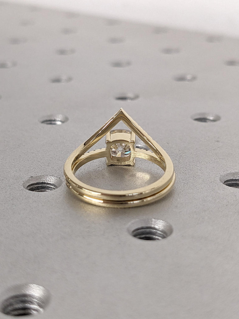 Diamond Engagement and Wedding Ring Set for Women | 14k Yellow Gold Chevron Stacking Ring | Cushion cut Lab Grown Diamond Bridal Jewelry image #5