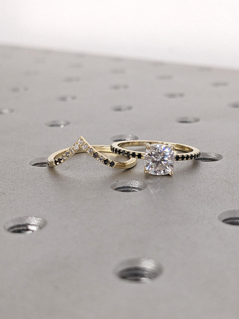 Diamond Engagement and Wedding Ring Set for Women | 14k Yellow Gold Chevron Stacking Ring | Cushion cut Lab Grown Diamond Bridal Jewelry image #7