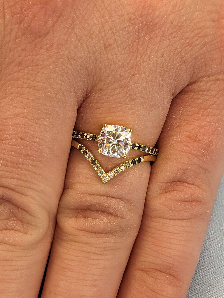 Diamond Engagement and Wedding Ring Set for Women | 14k Yellow Gold Chevron Stacking Ring | Cushion cut Lab Grown Diamond Bridal Jewelry image #9