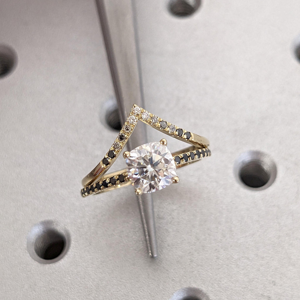 1ct Diamond Engagement and Wedding Ring Set for Women | 14k Yellow Gold Chevron Stacking Ring | Cushion cut Lab Grown Diamond Bridal Jewelry