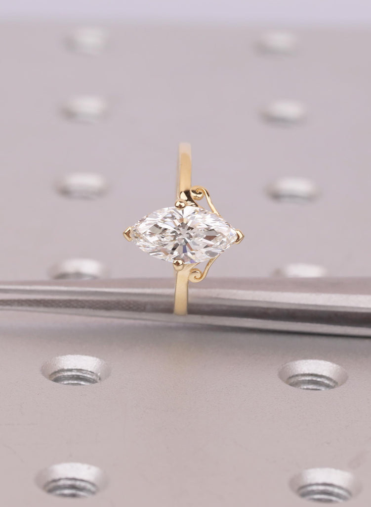 Marquise Cut Moissanite Engagement Ring, 18K Yellow Gold Filigree Wedding Band, Vintage Style Anniversary Gift for Her image #7