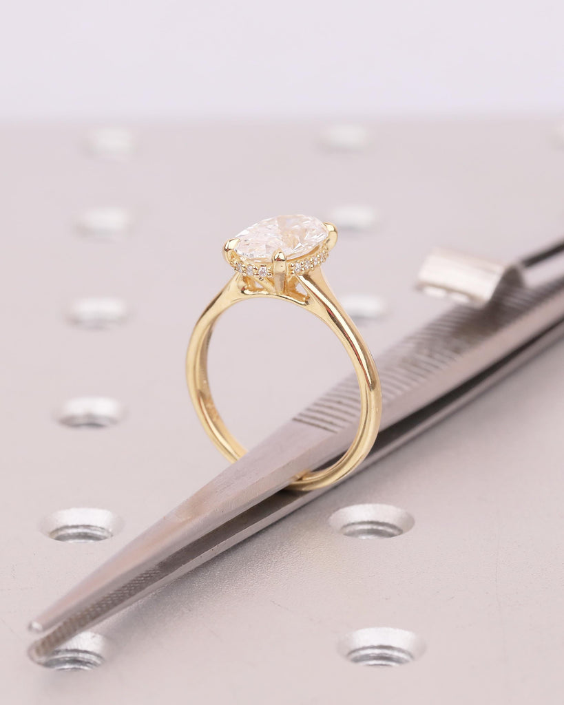 Oval IGI Certified Lab Diamond Ring, 2 Carat Solitaire Engagement Ring, Unique Handmade Jewelry, Minimalist 14k/18k Gold Hidden Halo Rings image #2