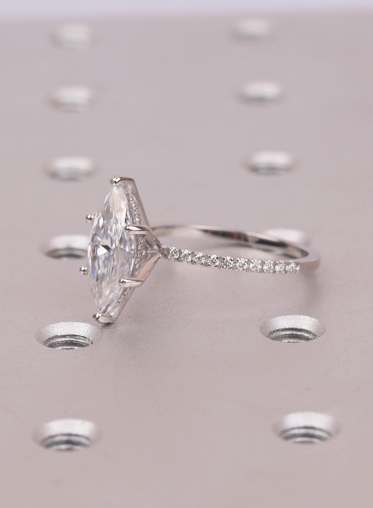Marquise Cut Moissanite Ring, Art Deco Diamond Hidden Hallo Engagement Ring, 14k/18k Gold or Platinum, Moissanite Jewelry Gift for Her image #7