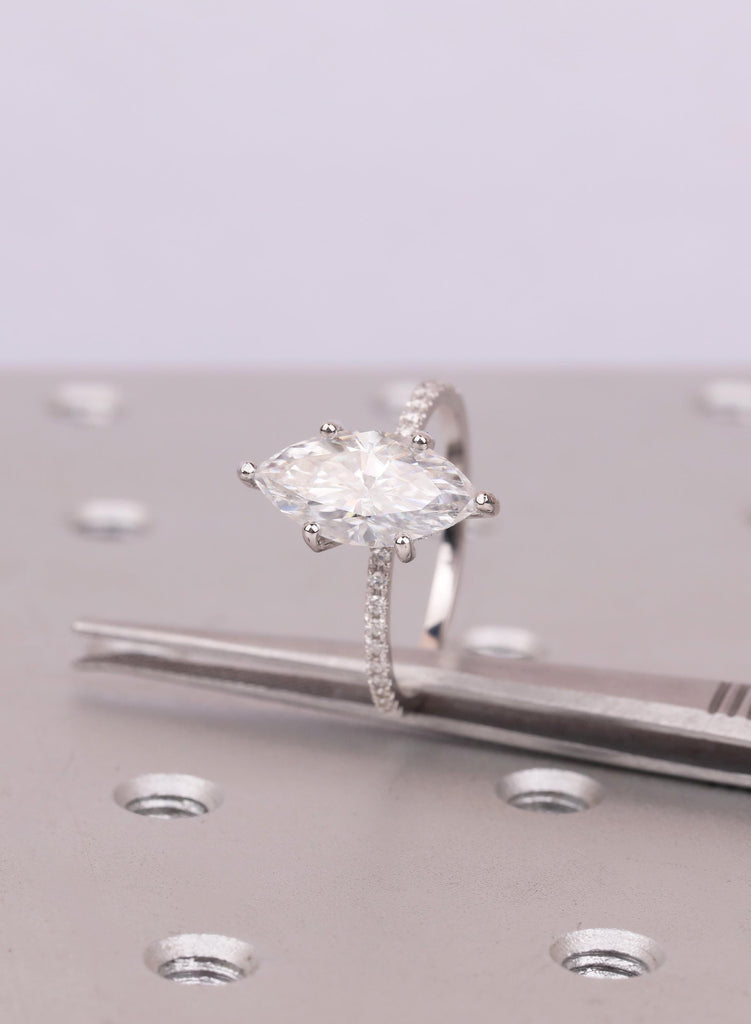 Elegant 14k Solid Gold Moissanite Ring | Marquise Cut Engagement Ring | Diamond Hidden Halo | Personalized Jewelry image #10