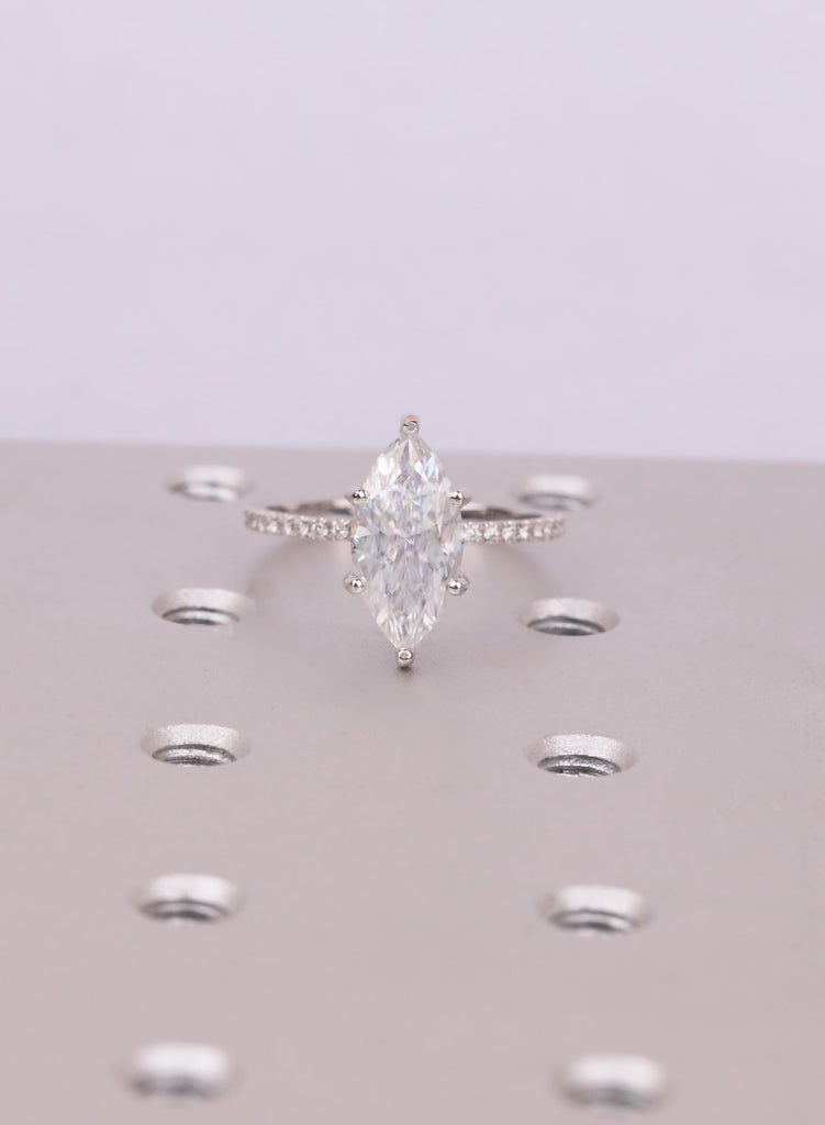 Marquise Cut Moissanite Ring, Art Deco Diamond Hidden Hallo Engagement Ring, 14k/18k Gold or Platinum, Moissanite Jewelry Gift for Her image #1