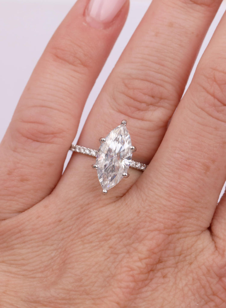 14K Gold 3.5 CT Marquise Diamond Ring, Lab Grown Diamond Hidden Halo, Handmade Personalized Gold Jewelry image #3