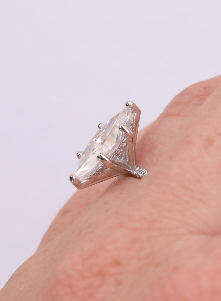 Marquise cut Lab Grown Diamond 14K Gold Ring, Art Deco Engagement Ring, Dainty Hidden Halo Diamond, Solid Gold / Platinum Half Eternity Band image #4