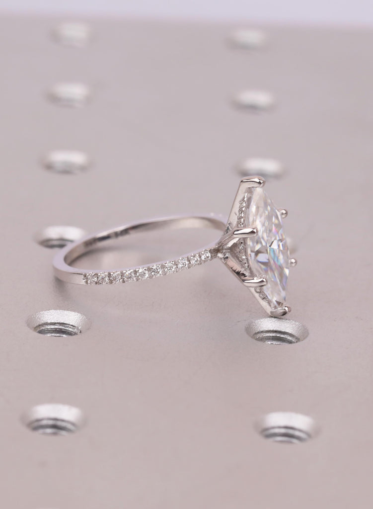 Classic 6 prong Marquise cut Lab Grown Diamond Engagement Ring, 14K Gold Hidden Halo Pave Diamond Band image #8