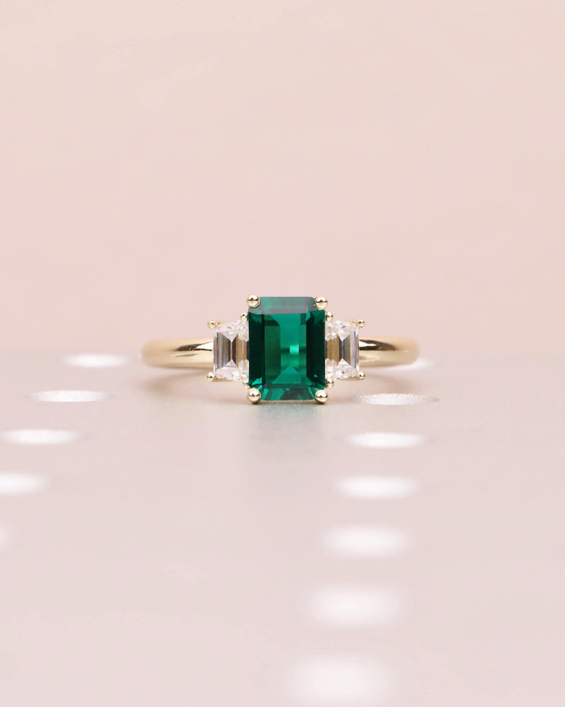 Emerald Cut Lab Emerald Ring with Moissanite Trapezoids, 3 Stone Ring, Handmade Gold Engagement Ring, Statement Art Deco Green Gemstone Ring image #3