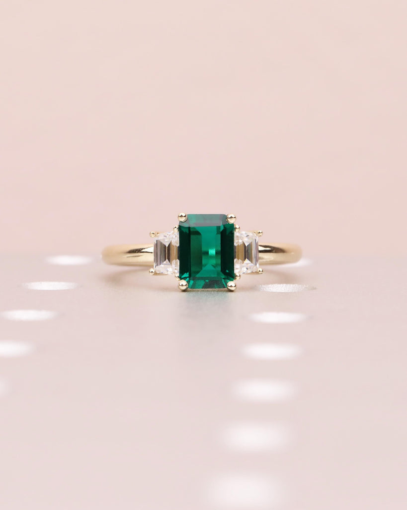 Art Deco Emerald Engagement Ring | 14K Gold Three Stone Ring | Emerald Cut Lab Created Green Emerald | Trapezoid Moissanite | May Birthstone image #3