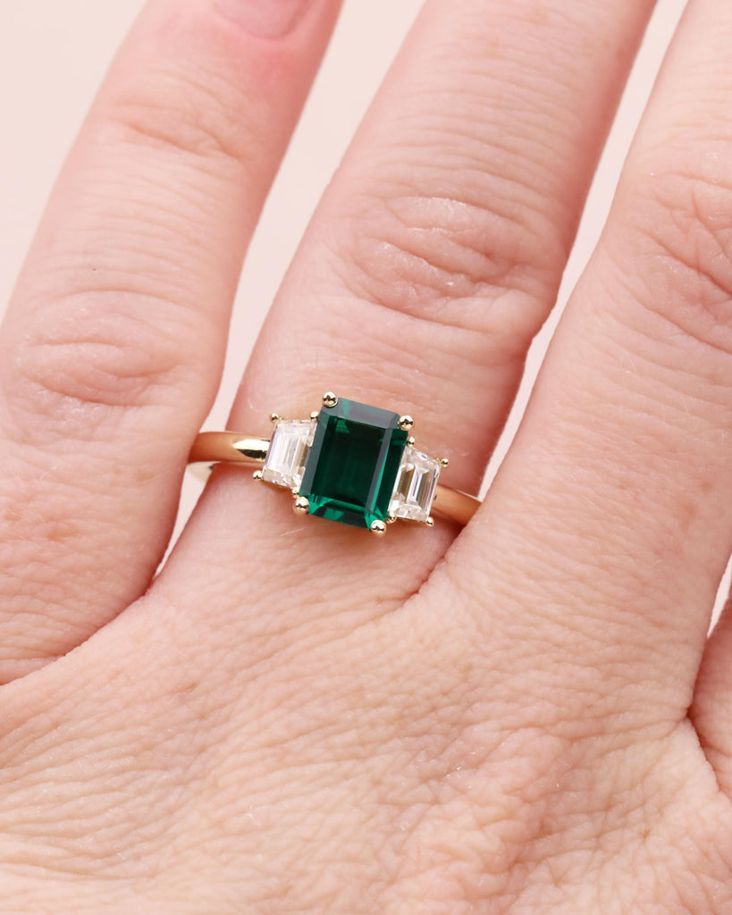 Emerald Cut Lab Emerald Ring with Moissanite Trapezoids, 3 Stone Ring, Handmade Gold Engagement Ring, Statement Art Deco Green Gemstone Ring image #2