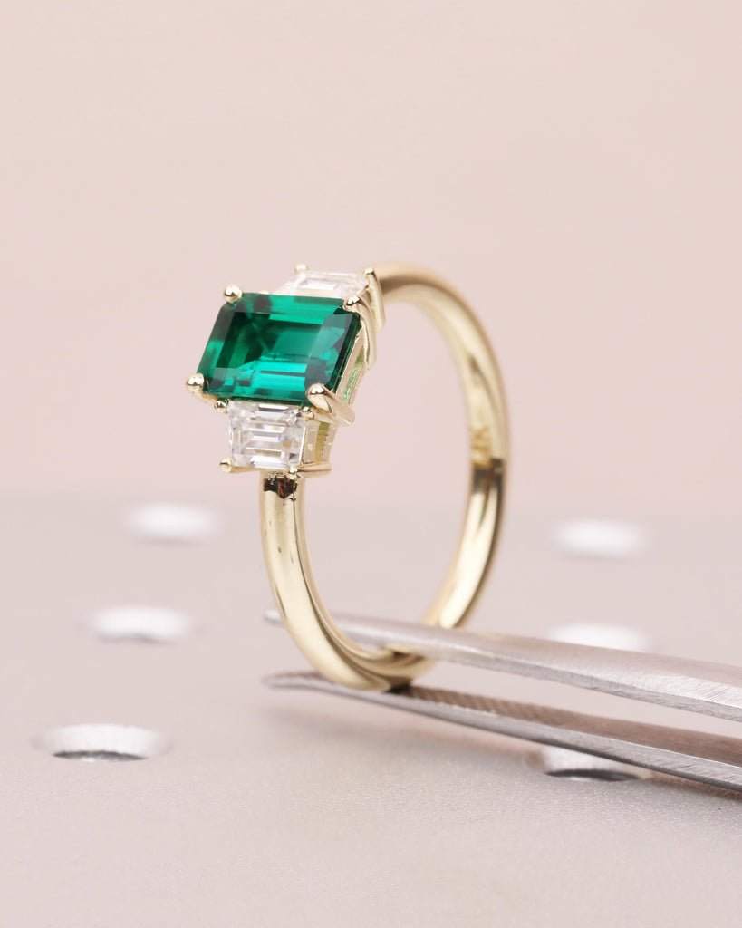 Art Deco Emerald Engagement Ring | 14K Gold Three Stone Ring | Emerald Cut Lab Created Green Emerald | Trapezoid Moissanite | May Birthstone image #8