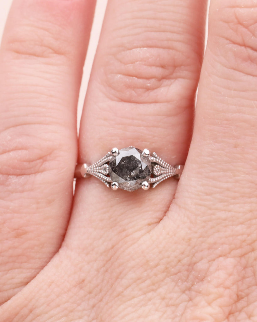 Salt and Pepper Diamond Vintage Engagement Ring, 14K Gold Milgrain Ring, Antique Style Bridal Ring, Hidden Diamond Art Deco Anniversary Ring
