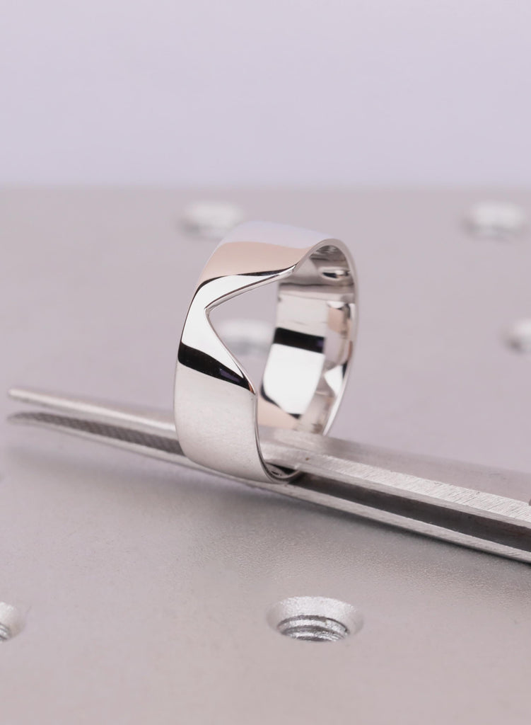 14K Solid Gold Wedding Band, Custom 7mm Wide V Cut Out Ring, Polished Smooth Finish Geometric Wide Cigar Band Ring image #5