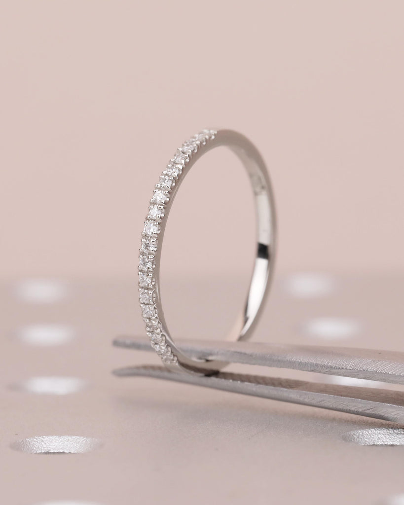 Diamond Wedding Band, Minimalist Platinum Matching Rings for Women, Thin Half Eternity Moissanite Ring, Unique Personalized Handmade Jewelry image #2