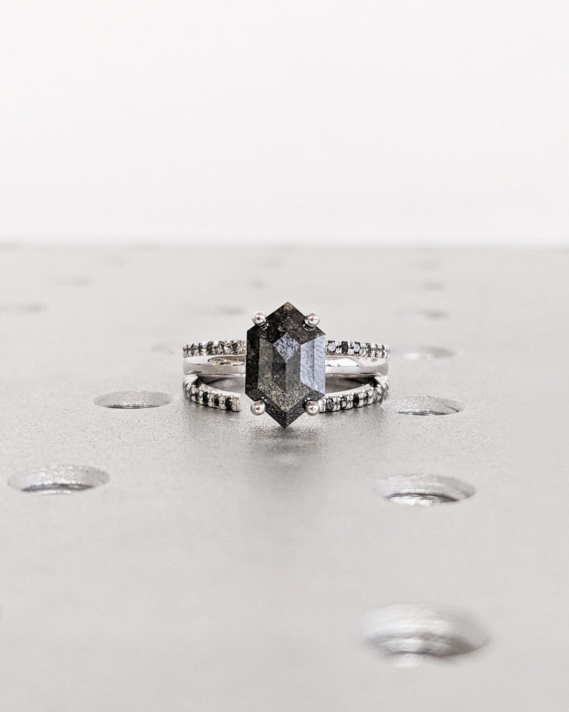Vintage Hexagon Salt and Pepper Diamond Bridal Set | Art Deco Engagement Ring Set | Open Diamond Wedding Bands | 3 Ring Set | 14K Solid Gold image #2